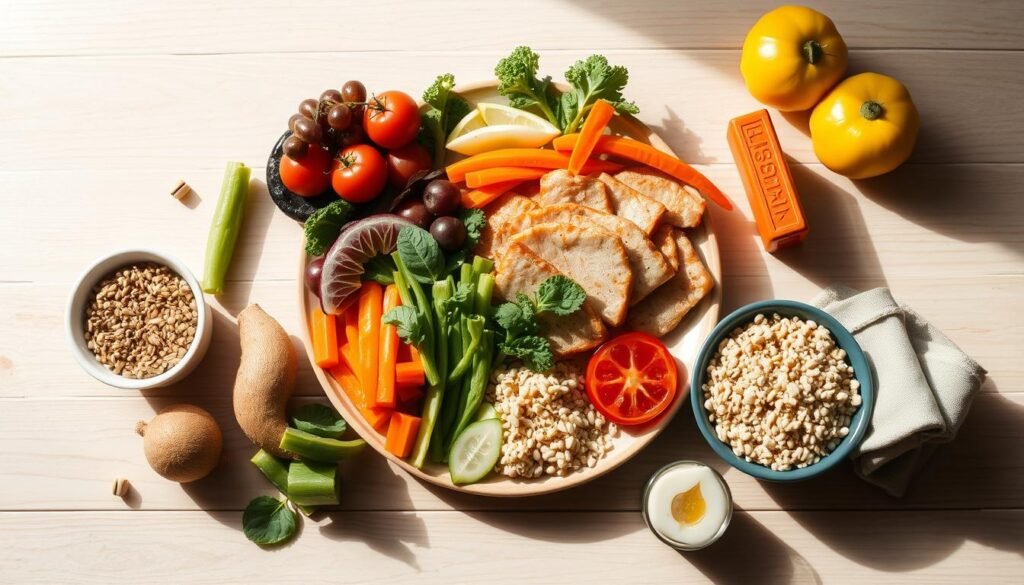 A balanced, nutritious meal on a light wooden table, arranged with care and attention to detail. Fresh, vibrant vegetables, lean protein, and whole grains create a visually appealing and harmonious composition. The lighting is soft and natural, casting gentle shadows that accentuate the textures and colors. The overall mood is one of serenity and mindfulness, reflecting the calming influence of a well-balanced diet on emotional well-being.