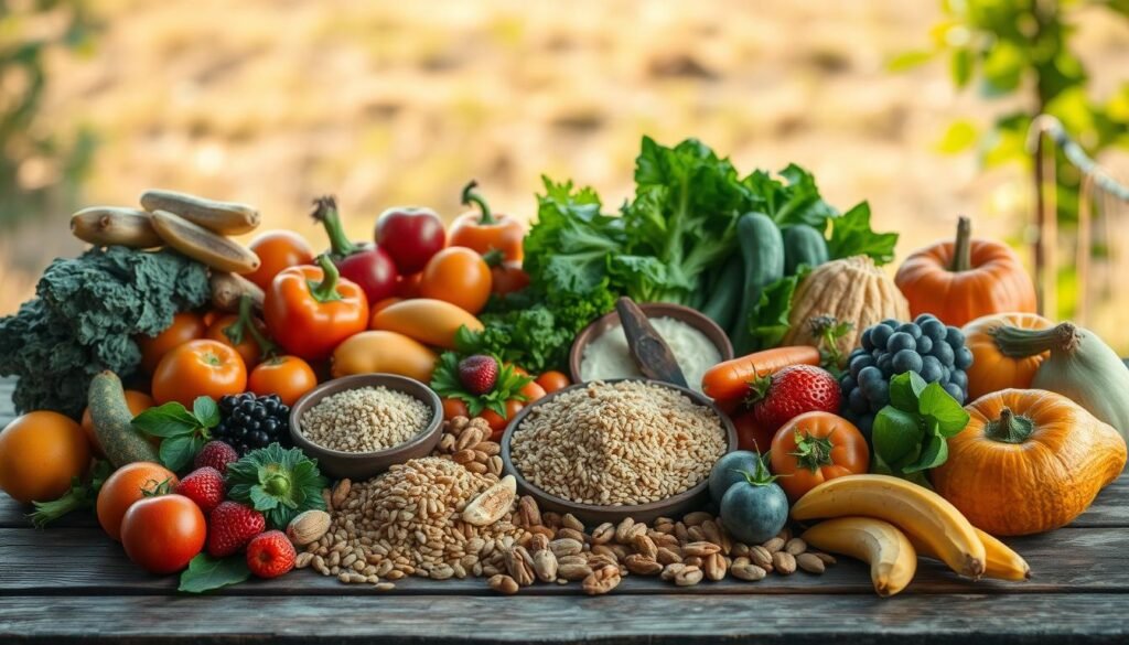 A bountiful display of wholesome, unprocessed foods, meticulously arranged on a rustic wooden table. In the foreground, an assortment of vibrant, nutrient-dense fruits and vegetables, their colors and textures accentuated by natural lighting. In the middle ground, hearty whole grains, such as quinoa and brown rice, nestled alongside crunchy nuts and seeds. The background features a tranquil, earthy backdrop, perhaps a lush garden or a sun-dappled field, evoking a sense of harmony and wellness. The overall composition conveys the purity, vitality, and restorative power of "Alimentos Integrais" - whole, unrefined foods that nourish the body and mind.