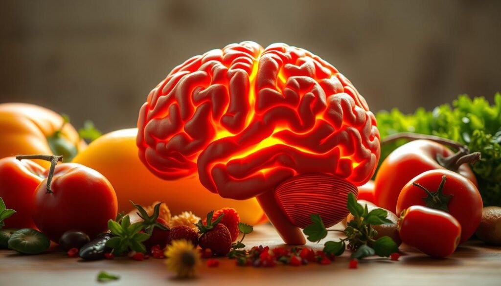 A brain in cross-section, illuminated by a warm, diffused light, resting atop a table. The brain's structure is vividly detailed, showcasing the intricate folds and pathways that represent the plasticity and adaptability of the organ. Surrounding the brain, a selection of fresh, vibrant produce - fruits, vegetables, and herbs - symbolizing the nourishing power of a healthy diet. The scene conveys a sense of balance and harmony, where the brain's dynamic capabilities are enhanced by mindful, nutritious eating. The overall tone is contemplative, inviting the viewer to ponder the profound link between diet and mental wellness.