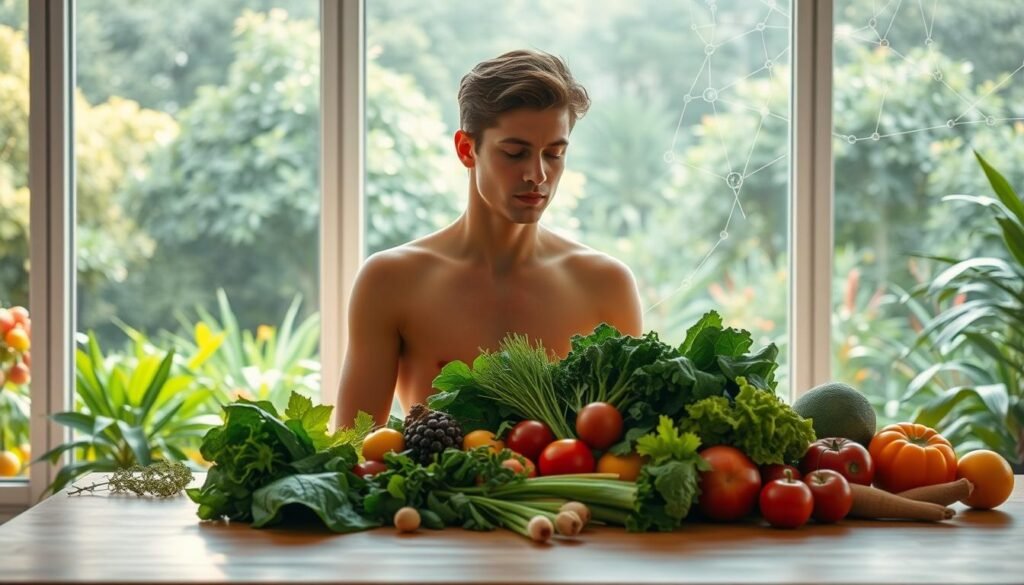 A bright and airy room with a panoramic window overlooking a lush, verdant garden. In the foreground, a wooden table holds an assortment of fresh, vibrant produce - leafy greens, crisp vegetables, and ripe fruits. A human figure, their face serene and thoughtful, sits at the table, engaged in contemplation. Soft, natural lighting filters in, casting a warm, introspective glow. The atmosphere is one of mindfulness and connection, as the individual explores the intricate relationship between neuroscience and nutrition. Subtle neural pathways and synaptic activity are hinted at in the background, suggesting the profound influence of diet on cognitive function and behavior.