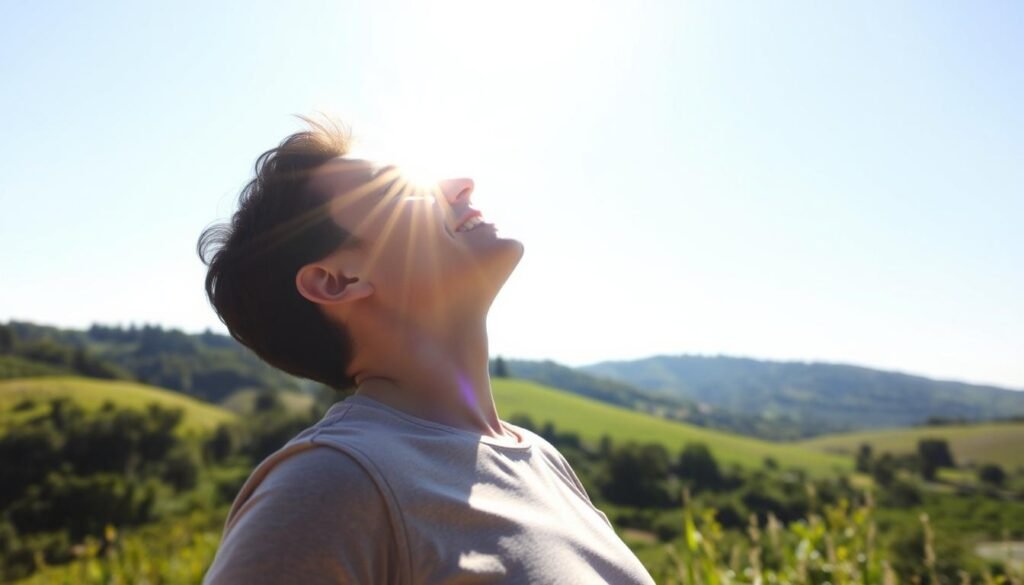 A bright and sunny scene of a person basking in the warmth of the sun, their face upturned to catch the rays. The background is a serene landscape with lush greenery, rolling hills, and a clear blue sky. The subject is dressed casually, perhaps in a t-shirt and shorts, fully immersed in the natural light. Soft shadows fall across the scene, creating a sense of depth and dimension. The overall mood is one of relaxation, rejuvenation, and the appreciation of the sun's vital contribution to our well-being. A perfect visual representation of the benefits of vitamin D and the impact of lifestyle on its absorption.