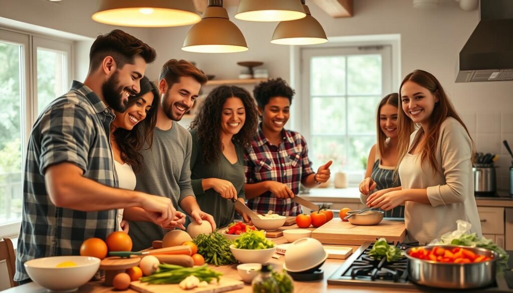 A cheerful group of friends gathered around a kitchen counter, kneading dough and chopping colorful vegetables. Warm overhead lighting casts a cozy glow, while large windows allow natural daylight to filter in. The countertop is cluttered with bowls, utensils, and fresh herbs, creating a sense of collaborative culinary exploration. In the background, a vibrant meal simmers on the stove, filling the air with tantalizing aromas. The expressions on their faces exude a sense of camaraderie and shared purpose as they work together to prepare a nourishing and satisfying dish.