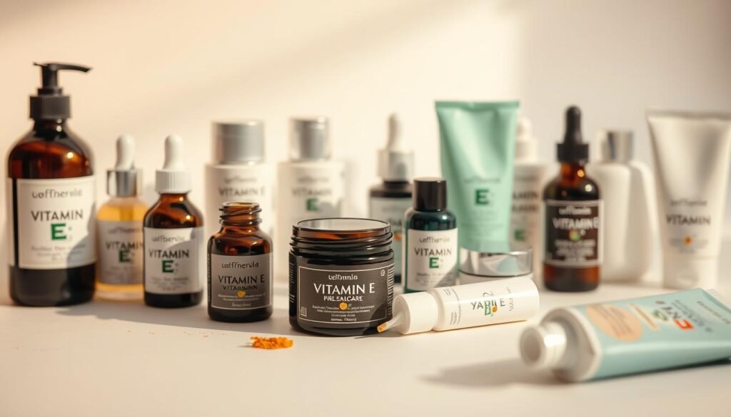 A close-up photograph of various skincare products, including bottles, jars, and tubes, arranged on a clean white background. The products prominently feature the label "Vitamin E" and display a range of cosmetic items such as moisturizers, serums, and creams. The lighting is soft and diffused, creating a warm, inviting atmosphere that highlights the natural textures and colors of the products. The composition is balanced, with the products positioned in a visually appealing layout that draws the viewer's attention to the central focus of Vitamin E in skincare.