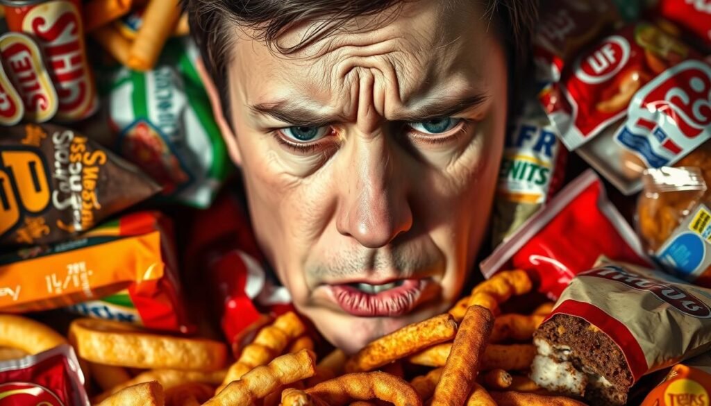 A close-up shot of a person's face, with a worried expression and furrowed brows, surrounded by a chaotic array of unhealthy snacks and fast food items. The image conveys a sense of overwhelm and the detrimental impact of stress on eating habits. The lighting is harsh, creating dramatic shadows and highlighting the tension in the subject's features. The background is blurred, keeping the focus on the central figure and the unhealthy food choices that seem to be encroaching on them. The overall mood is one of anxiety and the struggle to maintain a balanced, healthy diet under the strain of stress.