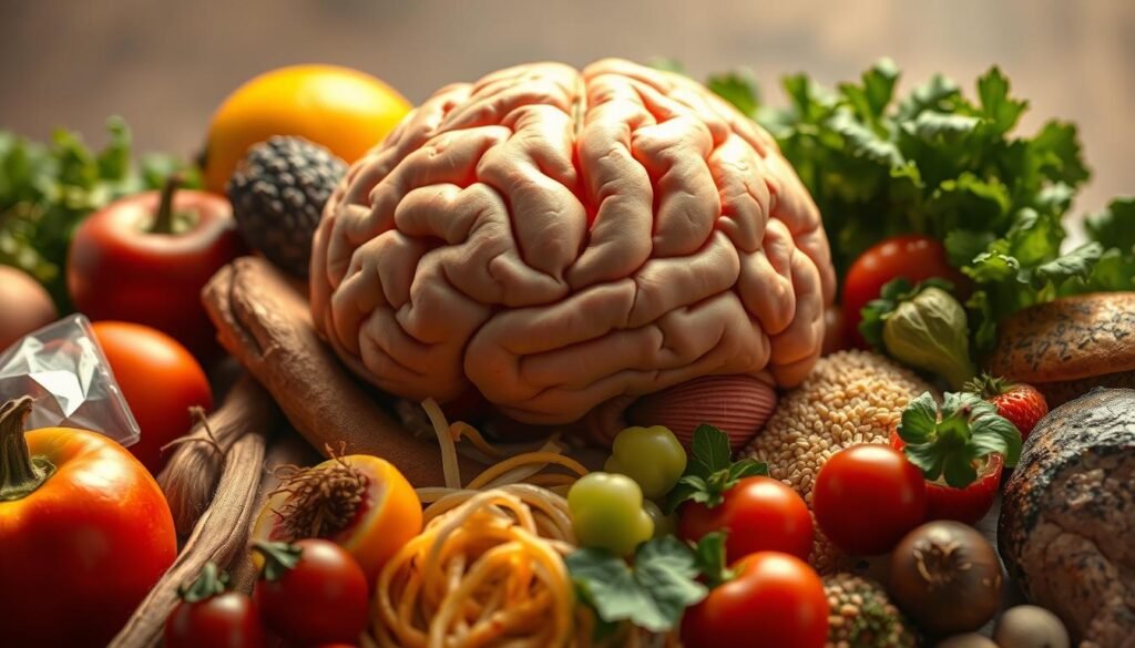 A close-up view of a human brain, rendered in detailed anatomical realism, with distinct regions and pathways highlighted. The brain is surrounded by a variety of fresh, whole foods - fruits, vegetables, grains, and proteins - arranged in a visually appealing, balanced composition. The lighting is soft and warm, creating a contemplative, scholarly atmosphere. The overall mood evokes the interconnectedness between the neurological processes underlying eating behavior and the physical nourishment of the body. The image conveys a sense of scientific inquiry and the potential for behavioral interventions grounded in neuroscience to improve human health and well-being.
