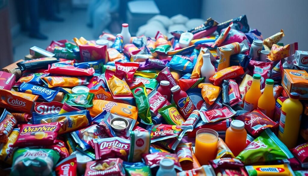 A cluttered table overflowing with packaged, brightly colored snacks and beverages, conveying the overwhelming abundance of ultra-processed foods. Vivid, high-contrast lighting illuminates the artificial hues and textures, while a hazy, soft-focus background suggests the disconnect between these products and natural, whole-food ingredients. The scene evokes a sense of excess, convenience, and detachment from the origins of sustenance, aligning with the section's exploration of what defines ultra-processed items.