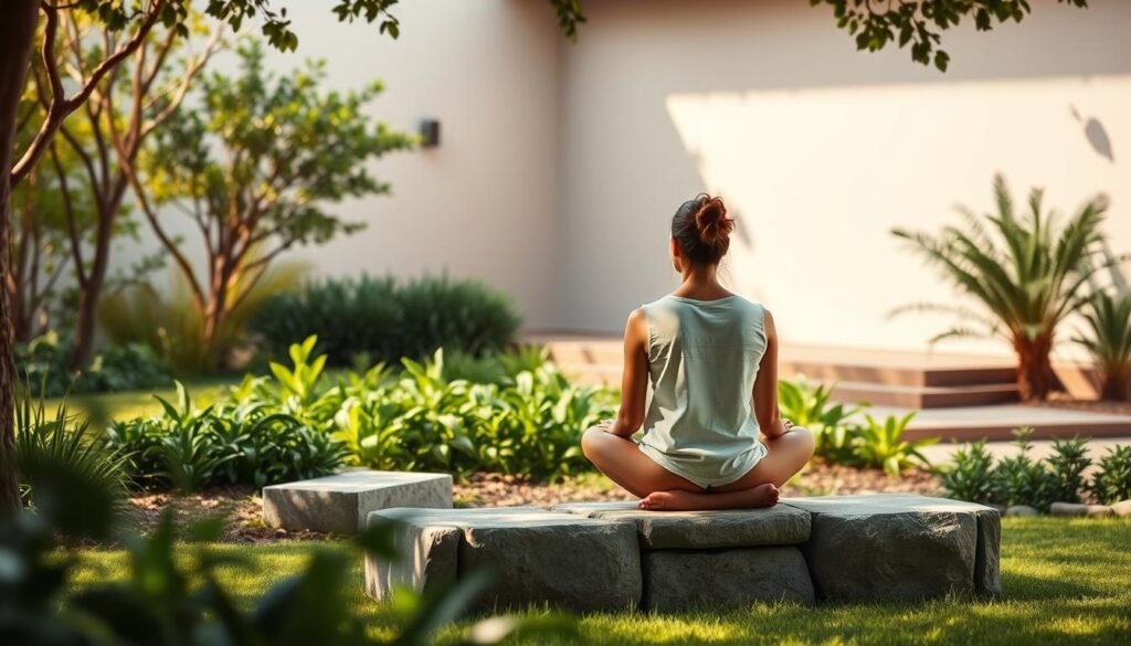 A serene and introspective scene depicting the principles of behavioral nutrition. In the foreground, a person sits cross-legged on a natural stone bench, deep in contemplation. Soft natural lighting bathes the scene, casting gentle shadows. In the middle ground, lush greenery and organic textures create a calming, nurturing environment. The background features a simple, minimalist architecture, hinting at the holistic approach of behavioral nutrition. An atmosphere of mindfulness, balance, and a connection to nature pervades the image, reflecting the core tenets of this field.