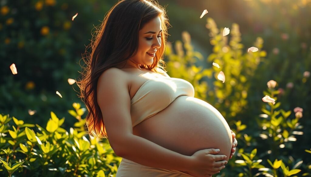 A serene and radiant scene of a pregnant woman cradling her belly, illuminated by warm, golden light. In the background, a lush, verdant garden bursting with vibrant, healthy foliage, symbolizing the nourishment and vitality of nature. The woman's expression is one of tranquility and contentment, her gaze directed towards her unborn child, reflecting the special bond between mother and child during this sacred time. Delicate flower petals drift gently through the air, adding a sense of ethereal beauty to the moment. The image conveys the importance of vitamin A for the healthy development of the fetus and the well-being of the mother during pregnancy and lactation.