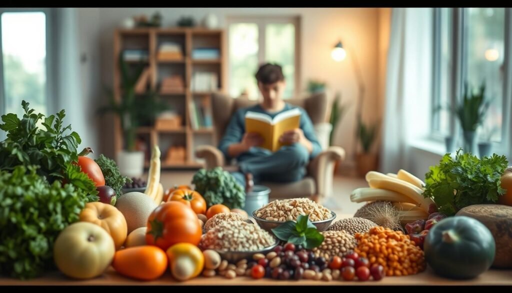 A serene and thoughtful scene depicting the principles of behavioral nutrition. In the foreground, a table with an array of whole, natural foods - vibrant fruits, vegetables, grains, and legumes. In the middle ground, a person sitting in a comfortable chair, studying a book intently. The background is a warm, softly lit interior, with natural light filtering through large windows. The overall mood is one of focus, contemplation, and a connection between the body, mind, and nourishing foods. The image conveys the holistic, evidence-based approach of behavioral nutrition to support mental and physical wellbeing.