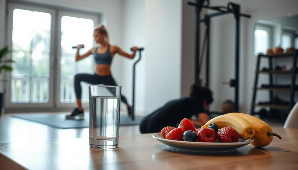 A serene and well-lit home gym setting, with a person performing various strength training exercises like squats, lunges, and core workouts. In the background, a minimalist table showcases a glass of water and a plate of fresh fruits, symbolizing the practice of intermittent fasting. The scene exudes a sense of balance, discipline, and holistic wellness, perfectly capturing the intersection of physical activity and mindful nutrition.