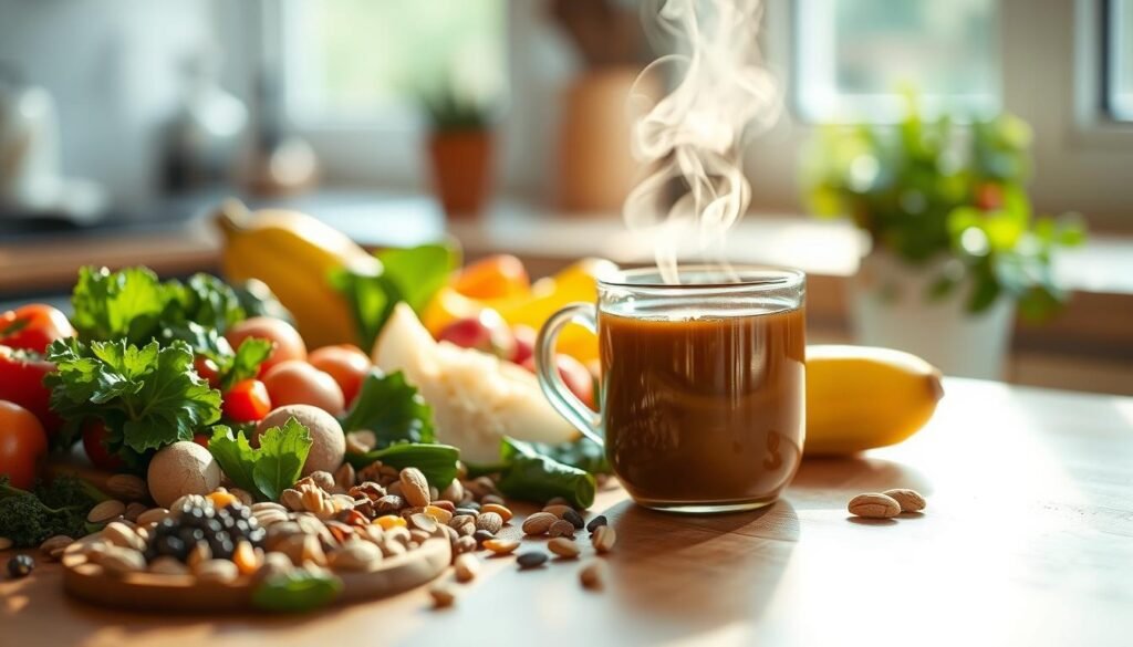 A serene kitchen scene, bathed in warm, natural lighting. In the foreground, a selection of nourishing whole foods - vibrant vegetables, fresh fruits, nuts, and seeds - arranged artfully on a wooden table. In the middle ground, a steaming mug of herbal tea, its calming aroma wafting through the air. The background depicts a softly blurred window, hinting at a calming outdoor view, symbolizing the connection between nutrition, mindfulness, and the reduction of anxiety. The overall mood is one of tranquility, balance, and the restorative power of mindful, healthy eating.