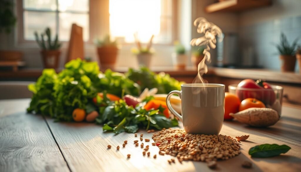 A serene kitchen setting with fresh, whole foods laid out on a wooden table. The scene is bathed in warm, natural lighting filtering through a large window, casting a soft glow. In the foreground, a variety of nutrient-rich ingredients like leafy greens, colorful vegetables, and whole grains are arranged artfully. In the middle ground, a steaming mug of herbal tea sits, symbolizing relaxation. The background features a few potted plants, conveying a sense of tranquility. The overall mood is one of balance and mindfulness, showcasing how nourishing foods can help alleviate stress and promote wellbeing.