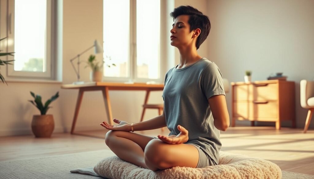 A serene, minimalist office setting with a person practicing mindfulness techniques. The foreground depicts a person sitting cross-legged on a plush floor cushion, their eyes closed in deep contemplation. Soft, natural lighting filters through large windows, casting a warm, soothing glow. In the middle ground, a wooden desk with a potted plant and a mug of herbal tea creates a calming, organized workspace. The background features muted, earthy tones and simple, clean-lined furniture, conveying a sense of tranquility and focus. The overall scene radiates a sense of mental clarity and stress management through behavioral techniques rooted in neuroscience.