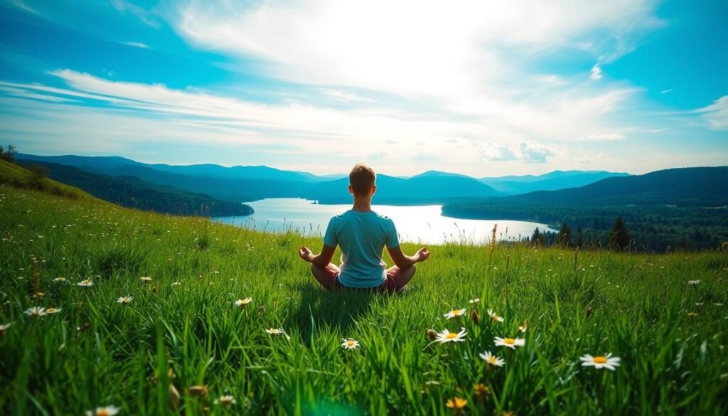 A serene, sun-dappled meadow with lush, verdant grass and wildflowers in bloom. In the foreground, a person sits cross-legged, eyes closed, hands resting gently on their lap, embodying a state of deep meditation and inner calm. The middle ground features a tranquil lake, its surface reflecting the azure sky above. In the distance, rolling hills and forests create a sense of balance and harmony. Soft, diffused lighting filters through wispy clouds, casting a warm, soothing glow over the entire scene. The overall atmosphere evokes a profound connection between mental well-being and the restorative power of intermittent fasting.