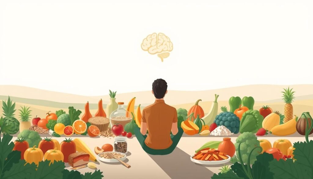 A serene, well-lit illustration depicting the concept of "nutrologia comportamental". In the foreground, a person sits in a thoughtful pose, surrounded by a variety of natural, whole foods - fresh fruits, vegetables, grains, and lean proteins. The middle ground features a stylized representation of the human brain, symbolizing the interplay between nutritional knowledge and behavioral patterns. In the background, a peaceful, minimalist landscape creates a calming atmosphere, underscoring the holistic nature of this approach to healthy eating. The overall composition conveys a sense of balance, mindfulness, and the importance of aligning our dietary choices with our physiological and psychological well-being.