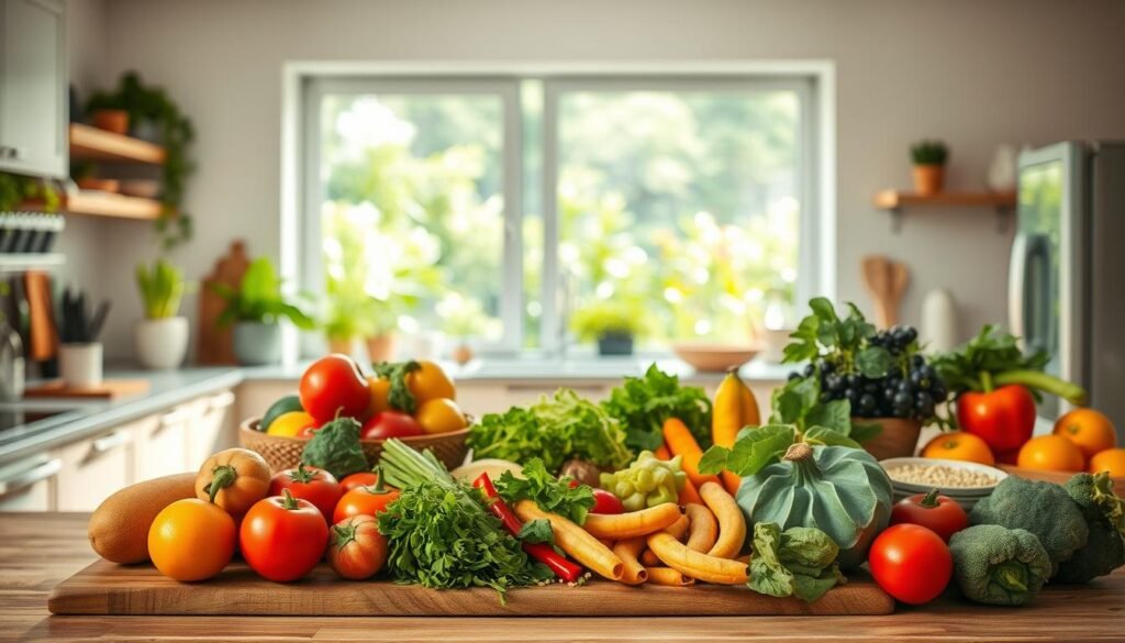 A serene, well-lit kitchen scene with a vibrant display of fresh, wholesome ingredients - organic produce, whole grains, and natural protein sources. In the foreground, a wooden cutting board showcases a variety of colorful, locally-sourced fruits and vegetables. In the middle ground, a modern, minimalist kitchen counter with simple, elegant dishware. The background features a large window overlooking a lush, verdant garden, flooding the space with warm, natural light. The overall atmosphere conveys a sense of mindfulness, balance, and a connection to the earth's bounty, embodying the principles of "Alimentação Consciente".