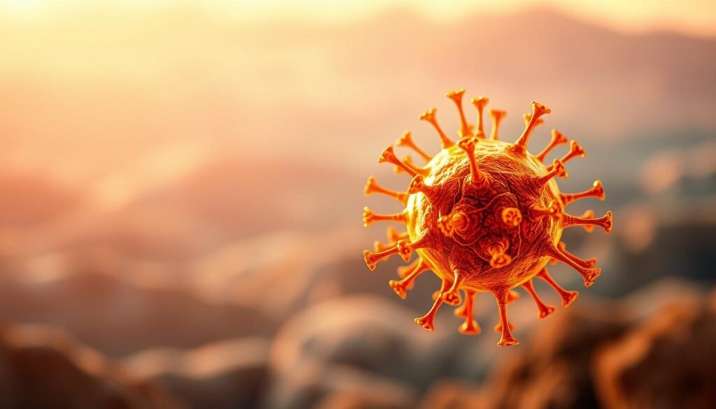 A vibrant, high-resolution image depicting the impact of vitamin E on the immune system. In the foreground, a stylized representation of a human immune cell, rendered in warm shades of gold and amber, symbolizing the protective and rejuvenating effects of vitamin E. In the middle ground, a network of interconnected cells and molecules, showcasing the complex interactions within the immune system. The background features a subtle, ethereal landscape with soft, glowing hues, conveying a sense of harmony and balance. The overall composition should evoke a sense of vitality, resilience, and the synergistic relationship between vitamin E and the body's natural defenses. Lighting should be natural and diffused, with a slight vignette effect to draw the viewer's attention to the central elements. The angle should be slightly elevated, providing a comprehensive view of the scene.