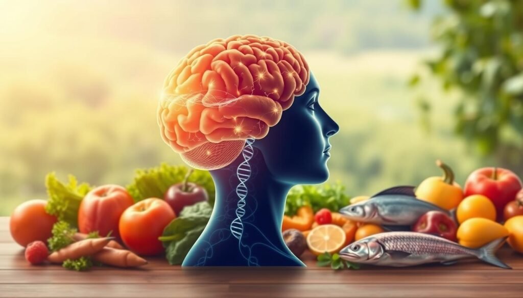 A vibrant illustration of the intersection between nutrigenomics and mental health. In the foreground, a human brain in profile, glowing with neural activity, surrounded by a molecular blueprint of DNA strands. In the middle ground, fresh, whole foods - leafy greens, vibrant fruits, and omega-rich fish - arranged in a harmonious composition. The background features a soft, blurred landscape of lush greenery, hinting at the natural world's restorative influence. Warm, golden lighting casts a soothing, contemplative atmosphere, conveying the idea of holistic wellbeing through the lens of nutrigenomics.