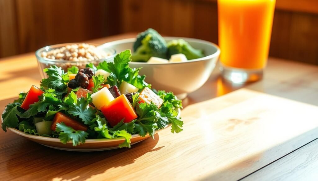 A vibrant, nutritious meal arranged on a wooden table, bathed in warm, natural lighting. In the foreground, a hearty salad overflows with fresh greens, colorful vegetables, and a drizzle of olive oil. Behind it, a bowl of whole grains, quinoa perhaps, nestled among steamed broccoli florets. In the background, a glass of freshly squeezed fruit juice reflects the light, complementing the overall healthy, balanced aesthetic. The scene conveys a sense of mindful, nourishing consumption, hinting at the transformative power of behavioral nutrition to reshape the brain for optimal well-being.