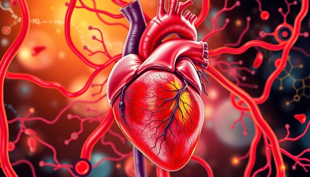 A vibrant, photorealistic image of a human heart against a backdrop of stylized cardiovascular systems and metabolic processes. The heart is rendered in vivid detail, showcasing its intricate structure and the delicate balance of its chambers and valves. Surrounding the heart, a network of blood vessels, arteries, and capillaries weaves through the composition, symbolizing the interconnectedness of the circulatory and metabolic systems. In the background, abstract representations of biochemical reactions and energy pathways create a sense of dynamism and vitality, hinting at the profound impact of intermittent fasting on cardiovascular health. The overall tone is one of scientific elegance and holistic well-being, capturing the essence of the section title "Jejum intermitente e saúde cardiovascular".