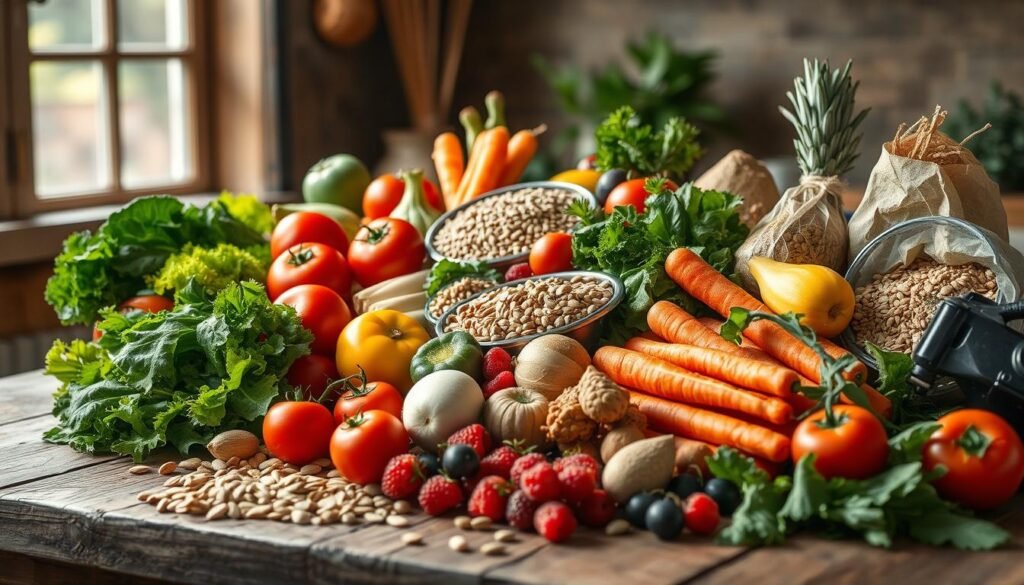 A vibrant still life showcasing a bountiful assortment of fresh, unprocessed whole foods on a rustic wooden table. In the foreground, an array of colorful fruits and vegetables - crisp leafy greens, juicy tomatoes, crunchy carrots, and vibrant berries. In the middle ground, a selection of whole grains, nuts, and seeds. The background features natural lighting streaming in through a window, casting a warm, inviting glow over the scene. The composition emphasizes the natural beauty and abundance of minimally processed, nutrient-dense ingredients - a visual representation of a healthy, whole-food-based diet free from ultra-processed items.