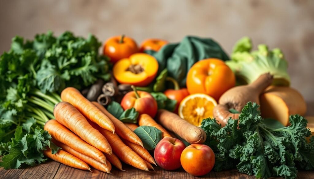 A vibrant still life showcasing an array of natural vitamin A-rich foods. In the foreground, a selection of colorful vegetables such as carrots, sweet potatoes, and leafy greens like spinach and kale, artfully arranged on a rustic wooden table. In the middle ground, ripe mango slices, orange segments, and a few juicy apricots add pops of warm hues. The background features a neutral, slightly blurred backdrop, allowing the produce to take center stage. The lighting is soft and diffused, casting gentle shadows and highlighting the natural textures and vibrant colors of the ingredients. The overall scene conveys a sense of health, nutrition, and the bounty of nature's vitamin A-packed offerings.