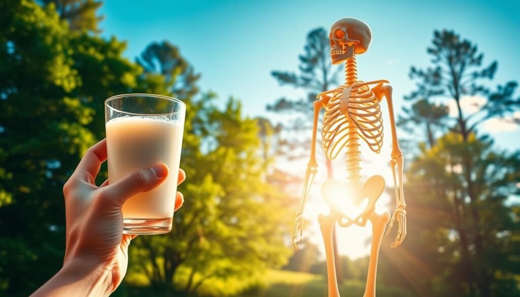 A vibrant, sun-dappled scene depicting the synergistic relationship between vitamin D and bone health. In the foreground, a hand holds a glass of milk, symbolizing a dietary source of vitamin D. The middle ground features a skeletal structure, with glowing bones illuminated by warm, natural lighting, conveying the mineral-strengthening benefits of this essential nutrient. In the background, a lush, verdant landscape with towering trees and a clear blue sky, evoking the outdoors and the sun's role in vitamin D synthesis. The overall composition reflects the holistic, wellness-focused theme of the article section, "Vitamin D and Bone Health."