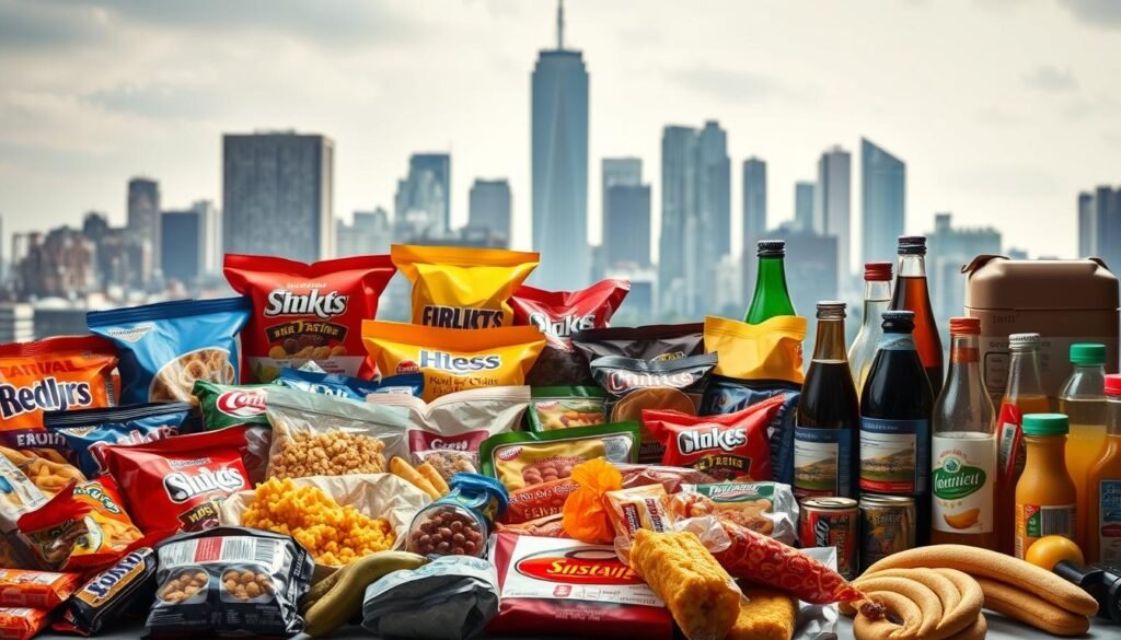 A visually arresting still life showcasing a variety of highly processed food products. Placed prominently in the foreground, an assortment of brightly colored, highly processed snacks, cereals, and packaged baked goods fills the frame. The middle ground features more examples of heavily processed convenience foods, including frozen meals, canned goods, and bottled beverages. In the background, a blurred cityscape of towering skyscrapers suggests an urban, industrialized setting. Harsh, artificial lighting casts sharp shadows, creating a cold, clinical atmosphere that emphasizes the highly engineered, non-natural nature of the displayed items. The overall composition draws the viewer's attention to the sheer abundance and omnipresence of processed foods in the modern diet.