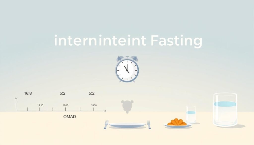 A visually striking illustration of popular intermittent fasting methods, showcasing a clean, minimalist aesthetic. In the foreground, depict a variety of fasting timelines and schedules, such as 16:8, 5:2, and OMAD, presented in a sleek, infographic-style layout. In the middle ground, include simple icons or silhouettes representing the key elements of intermittent fasting, such as a clock, a plate of food, and a water glass. In the background, use a soft, gradient-based color palette to create a calming, meditative atmosphere, evoking the sense of mindfulness and discipline associated with this health practice. Ensure the overall composition is well-balanced, with a clear hierarchy of visual elements that effectively conveys the subject matter.
