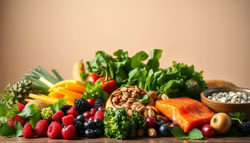 A visually-striking still life scene depicting a selection of vibrant, nutrient-dense whole foods essential for brain health. In the foreground, an array of fresh leafy greens, crisp vegetables, and juicy berries arranged with care. In the middle ground, a variety of nuts, seeds, and fatty fish like salmon, all known for their cognitive-boosting properties. The background features a clean, minimalist backdrop, allowing the natural colors and textures of the foods to take center stage. Warm, directional lighting casts soft shadows, emphasizing the shapes and forms of the ingredients. The overall mood is one of simplicity, health, and vitality - a visually appetizing representation of "neuroalimentação saudável".