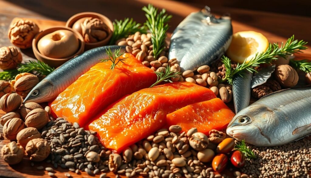 A visually stunning still life arrangement showcasing a selection of nutrient-rich foods high in omega-3 fatty acids. The composition features a vibrant array of fresh seafood, including wild-caught salmon, mackerel, and sardines, arranged alongside a variety of colorful nuts and seeds, such as walnuts, flaxseeds, and chia seeds. The scene is bathed in warm, natural lighting that casts soft shadows, highlighting the rich textures and vibrant colors of the ingredients. The overall mood is one of health, vitality, and culinary abundance, perfectly capturing the essence of foods that can help reduce anxiety and promote a balanced mind.