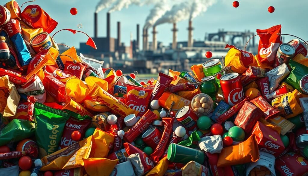 Highly processed foods, a tangled web of artificial ingredients, vibrant colors, and excessive packaging. In the foreground, a chaotic arrangement of chips, candies, sodas, and snacks, casting long shadows and bathed in harsh, unnatural lighting. The middle ground reveals the hidden chemical components and preservatives, their chemical structures looming ominously. In the background, a blurred industrial landscape, smokestacks and conveyor belts, symbolizing the mass production and distribution of these unhealthy products. The overall scene conveys a sense of unease, a cautionary tale about the dangers of ultra-processed foods and their impact on our well-being.
