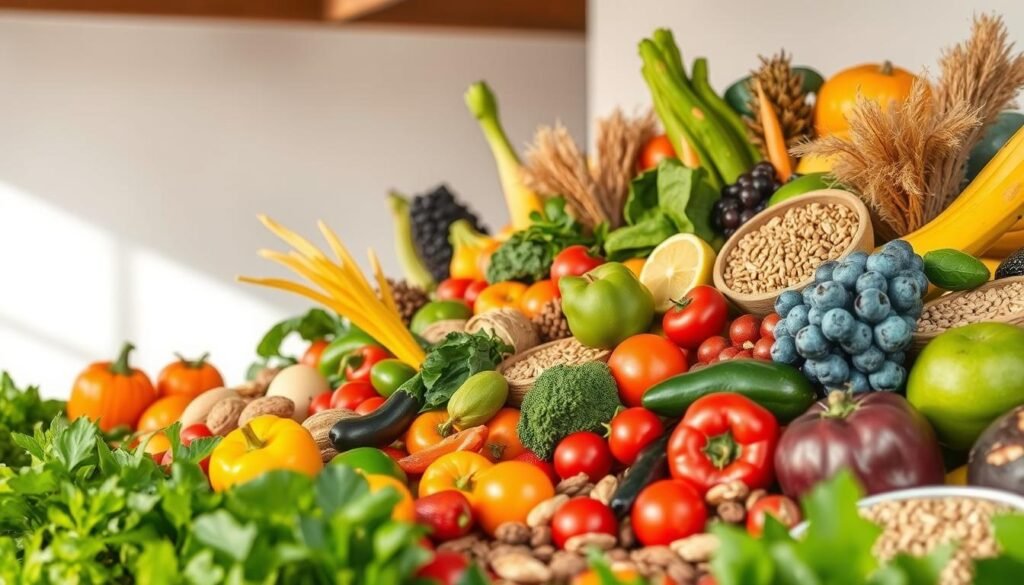 Lush, verdant landscape with an abundance of whole, organic foods prominently displayed. Vibrant hues of fruits, vegetables, nuts, and whole grains fill the foreground, creating a visually appetizing scene. A soft, natural light illuminates the scene, casting gentle shadows and highlighting the natural textures. In the background, a serene, minimalist setting evokes a sense of calm and simplicity. The overall composition conveys the purity, nourishment, and holistic essence of a brain-healthy, natural diet.