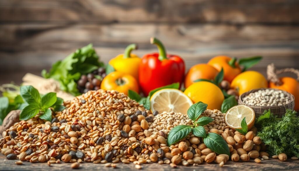 A bountiful still life featuring an assortment of nutrient-rich foods from the B-complex vitamin family. In the foreground, a variety of whole grains, legumes, and nuts are artfully arranged, their earthy tones and textured surfaces accentuated by soft, diffused lighting. In the middle ground, fresh leafy greens, vibrant bell peppers, and juicy citrus fruits add pops of color, hinting at the diverse array of B vitamins present. The background features a rustic wooden surface, lending a sense of warmth and natural simplicity to the scene. The overall composition conveys the abundance and versatility of these essential vitamins, inviting the viewer to explore the many ways to incorporate them into a balanced, nourishing diet.