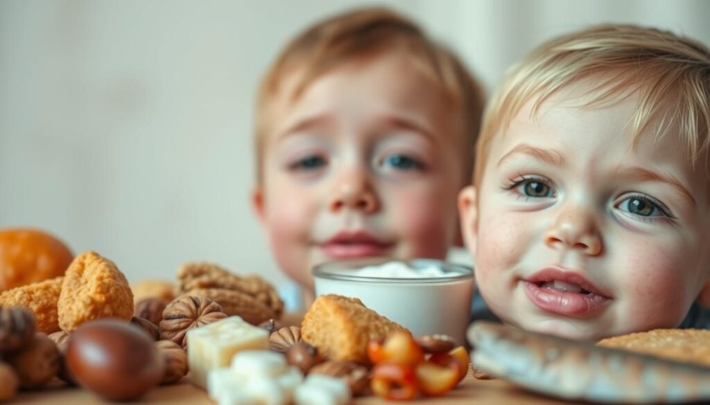 A close-up shot of various food allergy symptoms, including hives, rashes, swollen lips, and watery eyes, against a soft, blurred background. The foreground should have a crisp, detailed depiction of the allergic reactions, with a warm, natural lighting that enhances the textures and colors. The middle ground could feature a few common allergy-triggering foods, such as nuts, dairy, or seafood, to convey the dietary nature of the condition. The background should maintain a soothing, out-of-focus ambiance to keep the focus on the medical symptoms. The overall mood should be informative, educational, and subtly convey the importance of understanding food allergies, especially in the context of children's health.