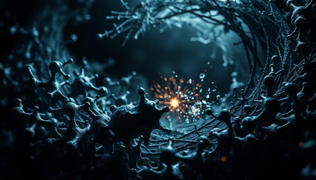 A close-up view of oxidative stress, featuring a swirling vortex of reactive oxygen species and free radicals against a dark, ominous backdrop. The foreground depicts a chaotic tangle of molecular structures, with jagged edges and fractured patterns symbolizing the damaging effects of oxidative stress on cells and tissues. The middle ground showcases bursts of energy and disturbance, conveying the destabilizing forces at play. In the background, a shadowy, foreboding atmosphere sets the stage, underscoring the insidious nature of this phenomenon. Dramatic, high-contrast lighting and a gritty, digital aesthetic lend a sense of urgency and intensity to the scene, reflecting the serious consequences of uncontrolled oxidative stress.