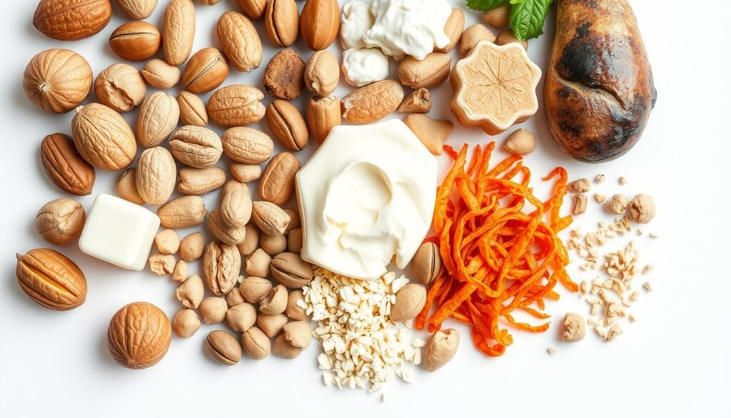 A detailed and realistic close-up shot of various food allergens, including nuts, dairy, gluten, seafood, and other common triggers. The allergens are displayed against a clean, stark white background, creating a clinical and informative aesthetic. The lighting is soft and diffused, highlighting the textures and colors of the food items. The composition is well-balanced, with the allergens arranged in an organized, grid-like pattern to convey a sense of scientific study. The mood is one of educational clarity, inviting the viewer to understand the specific nature of food allergies.