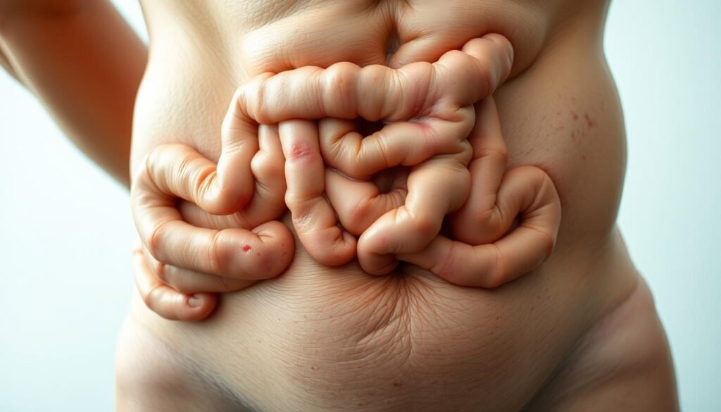 A detailed close-up view of a human abdomen, displaying various digestive system symptoms associated with intestinal dysbiosis. The foreground showcases a distended, bloated stomach, and discolored skin with visible inflammation and redness. The middle ground features visual representations of gut flora imbalance, such as swollen intestines and a disrupted microbiome. The background sets a clinical, sterile environment, with soft, diffused lighting illuminating the physiological disturbances. Captured with a high-resolution, macro-style lens to emphasize the intricate details of the gastrointestinal system's distress.