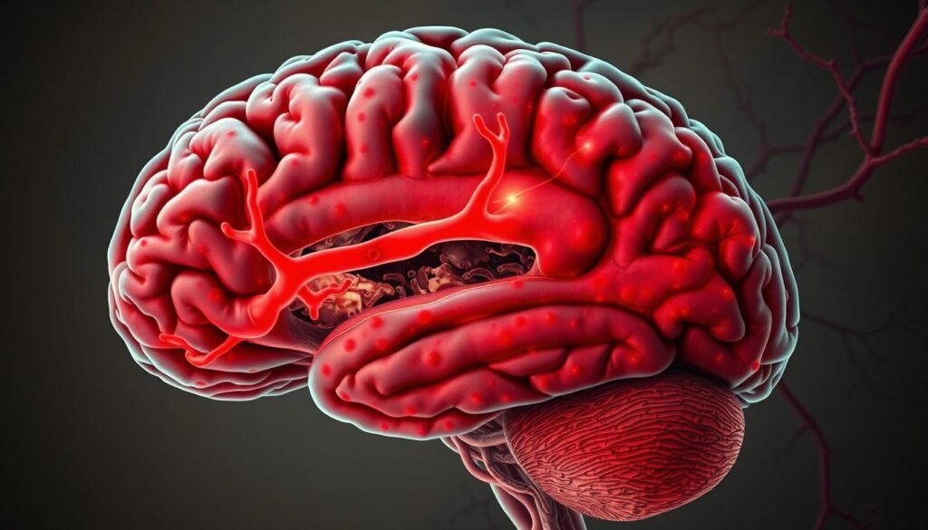 A detailed cross-section of an inflamed human brain, with a focus on the inflammatory processes occurring within the neural tissue. The foreground showcases a heightened density of microglia, the brain's primary immune cells, along with swollen blood vessels and increased presence of inflammatory cytokines. The middle ground reveals disrupted neuronal connectivity and glial scarring, while the background depicts the intricate network of blood vessels and the meningeal layers surrounding the brain. Rendered in a scientific, anatomical style with muted, earthy tones to convey the seriousness of the condition, this image aims to visually represent the concept of "Intermittent Fasting and Brain Inflammation".