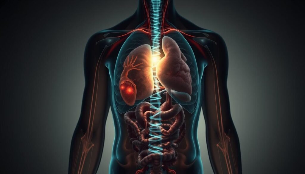A detailed cross-section of the human body, highlighting the effects of vitamin B deficiency. The foreground depicts a glowing, translucent figure representing the nervous system, with areas of discoloration and impairment. In the middle ground, organs such as the heart, liver, and digestive system appear muted and undernourished. The background showcases a dimly lit, muted color palette, conveying a sense of lethargy and malaise. The lighting is soft and diffused, creating an introspective, somber atmosphere. The perspective is slightly elevated, allowing for a comprehensive view of the affected systems. The overall impression should evoke the debilitating consequences of insufficient vitamin B intake.