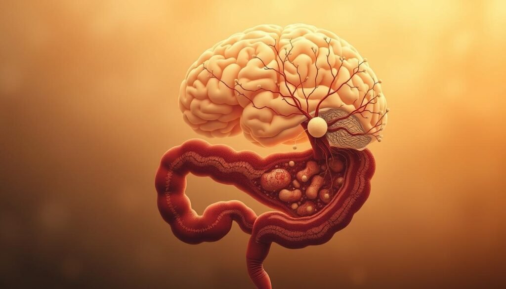 A detailed cross-section of the intricate connection between the gut and brain, showcasing the complex bidirectional communication via the gut-brain axis. A warm, earthy color palette highlights the organic, biological nature of this relationship. Soft, hazy lighting casts a contemplative mood, inviting the viewer to ponder the profound influence of gut health on cognitive function and mental well-being. The foreground features the delicate intestinal lining, populated with a diverse microbiome. In the middle ground, neural pathways and the cerebral cortex are intricately intertwined, emphasizing the intimate coupling of gut and brain. The background subtly fades into an abstract, textured landscape, representing the broader physiological and environmental factors that shape this complex system.