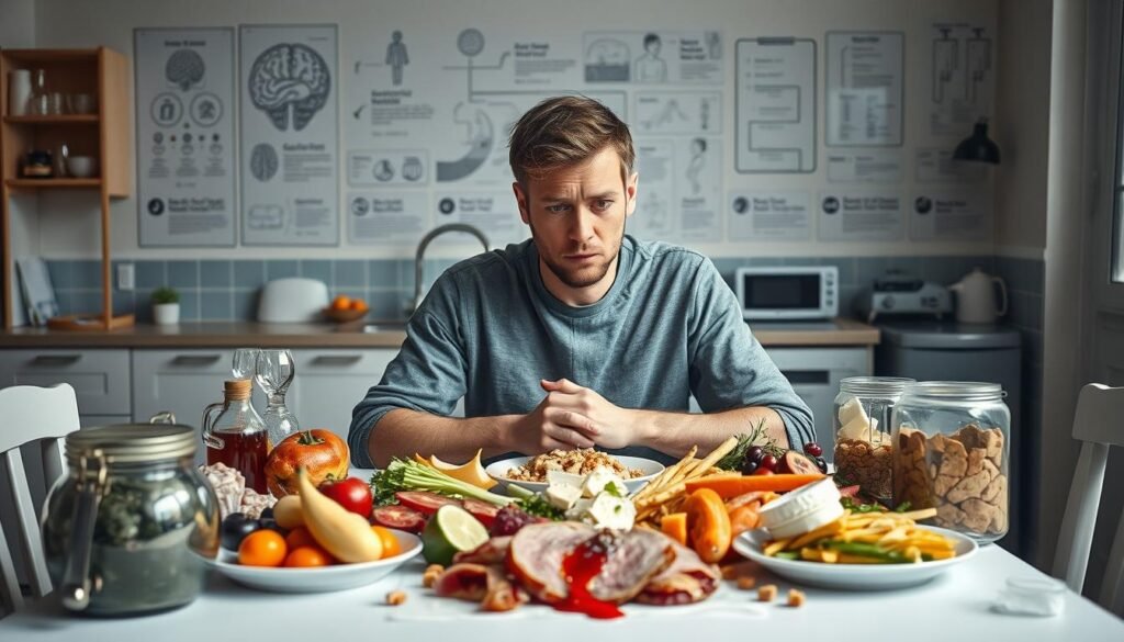 A detailed, realistic image of a person's eating behavior, showcasing various aspects of their relationship with food. The foreground depicts a person sitting at a table, with a variety of healthy and unhealthy food items spread out in front of them. Their facial expression and body language convey a sense of indecision, struggle, or conflicted emotions about their food choices. The middle ground features a kitchen or dining room setting, with subtle cues about the individual's lifestyle and habits. The background blends elements of a clinical or scientific environment, with diagrams, charts, or equipment related to the study of eating behaviors and neuroscience. The lighting is soft and natural, creating an introspective and contemplative mood. The overall composition and details aim to visually represent the complex interplay between intermittent fasting and its impact on eating patterns and the brain.