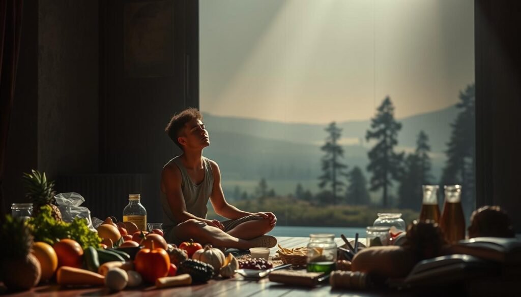 A dimly lit room, the air heavy with anticipation. In the foreground, a person sits cross-legged, eyes closed, their face etched with a mix of determination and discomfort. Surrounding them, the faint outline of various fruits, vegetables, and healthy snacks, symbolizing the temptations and challenges of intermittent fasting. In the background, a hazy, dreamlike landscape, with the silhouettes of towering trees and a distant horizon, conveying the sense of a mental and spiritual journey. The lighting is soft, casting warm shadows across the scene, creating an atmosphere of introspection and personal growth. The overall composition evokes the struggles and transformative potential of the intermittent fasting experience.
