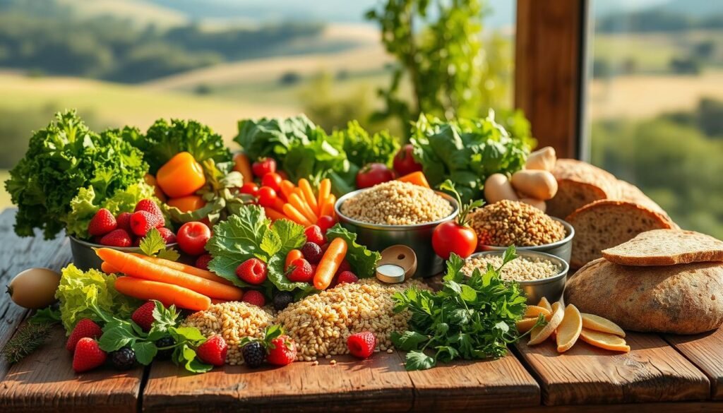 A nutritious feast unfolds on a rustic wooden table, illuminated by warm natural light. In the foreground, a variety of fresh, vibrant fruits and vegetables - crisp salad greens, juicy berries, crunchy carrots, and leafy herbs - are artfully arranged. In the middle ground, an array of whole grains, such as quinoa, brown rice, and whole-wheat bread, suggest nourishing options. The background features a soothing, blurred landscape, hinting at the tranquil setting where these specific nutritional strategies could be implemented. The overall scene conveys a sense of balance, vitality, and the purposeful selection of foods to support well-being.
