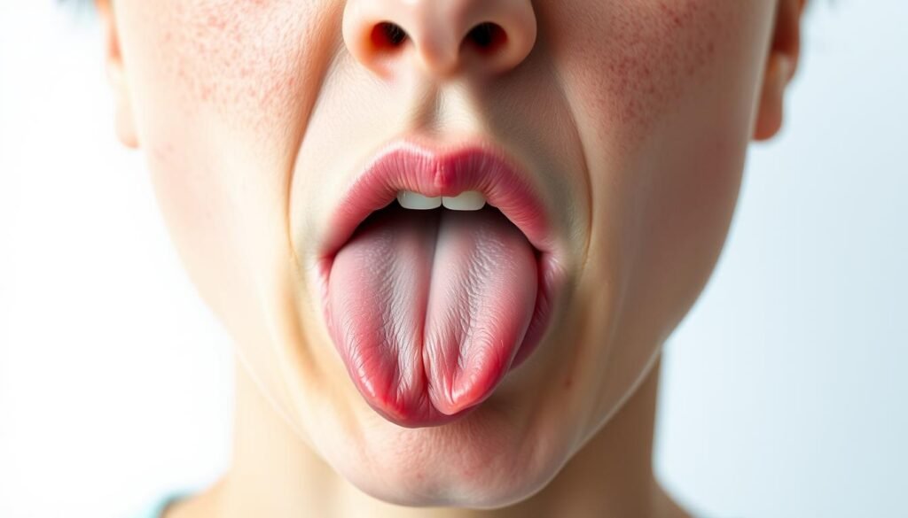 A realistic close-up view of various food allergy symptoms, including a swollen tongue, itchy rash, and facial flushing, all captured in soft, natural lighting against a clean, white background. The image should convey a sense of concern and discomfort associated with food allergies, while maintaining a clinical, educational tone to align with the article's informative nature.