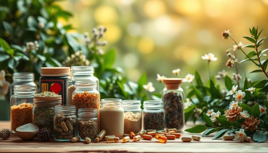 A serene and harmonious still life composition capturing an assortment of holistic wellness supplements. In the foreground, an array of softly-lit glass jars and bottles containing various herbal and mineral extracts, powders, and capsules, arranged with care on a wooden surface. The middle ground features a soothing blend of lush green foliage, delicate flowers, and natural elements that evoke a sense of tranquility and balance. The background is bathed in warm, diffused lighting, creating a calming, spa-like atmosphere. The overall scene radiates a feeling of relaxation, health, and inner well-being, perfectly encapsulating the essence of "suplementos bem-estar".