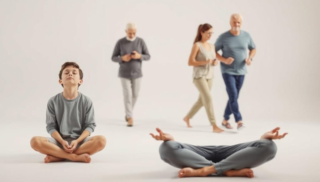 A serene, well-lit studio setting featuring individuals of different age groups engaged in intermittent fasting. In the foreground, a young adult sits cross-legged, eyes closed, embodying a meditative pose. In the middle ground, an elderly person carefully monitors their calorie intake, while a middle-aged individual walks at a brisk pace, demonstrating the physical benefits of this practice. The background features a clean, minimalist backdrop, allowing the subjects to take center stage. The lighting is soft and diffused, creating a calming atmosphere that emphasizes the holistic nature of intermittent fasting across the lifespan.