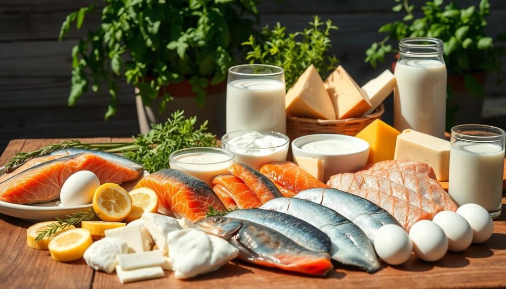 A sunlit scene of an assortment of vitamin D-rich foods neatly arranged on a rustic wooden table. In the foreground, a variety of fresh seafood such as wild-caught salmon, mackerel, and tuna steaks, accompanied by farm-fresh eggs. In the middle ground, an array of dairy products including creamy yogurt, rich cheese, and a glass of fortified milk. The background features lush greenery, perhaps a potted herb plant or two, creating a natural, wholesome ambiance. The lighting is warm and inviting, casting a soft glow over the scene. The overall composition conveys a sense of vibrant health and vitality, capturing the essence of natural vitamin D sources.