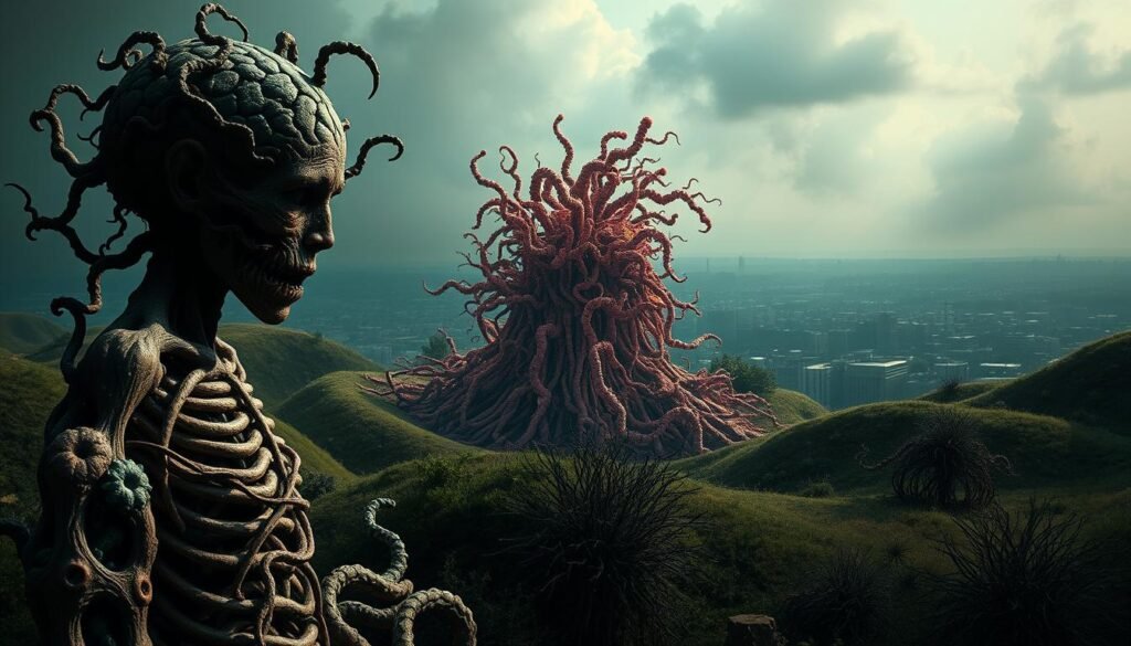 A surreal, abstract landscape depicting the disruptive effects of gut dysbiosis on mental and behavioral health. In the foreground, a twisted, gnarled figure symbolizing the distorted mental state, with a kaleidoscope of colors and unsettling textures. The middle ground features a chaotic, swirling vortex of microbial forms, disrupting the natural balance. In the distant background, a hazy, dystopian cityscape, representing the wider societal impacts. Dramatic chiaroscuro lighting casts an ominous, unsettling atmosphere, as if the scene is unfolding in a troubled dream. The composition conveys a sense of mental and emotional turmoil, highlighting the intricate connections between the gut microbiome and human behavior.