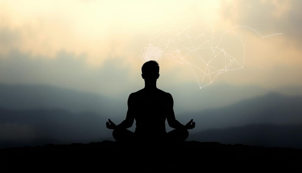 A surreal and introspective scene depicting the psychological effects of intermittent fasting. In the foreground, a figure sits in a meditative pose, their face cast in deep shadow, conveying a sense of introspection and contemplation. The middle ground features a hazy, dreamlike landscape with muted colors, suggesting a state of altered consciousness. In the background, wispy tendrils of light and energy emanate from the figure, symbolizing the neurological and cognitive changes associated with intermittent fasting. The lighting is soft and moody, creating an atmosphere of tranquility and self-reflection. The overall composition evokes the profound psychological and spiritual impact of this practice.